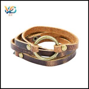 Adjustable Leather Wrap Bracelet with Circle Charm, Boho Jewelry for Women & Men